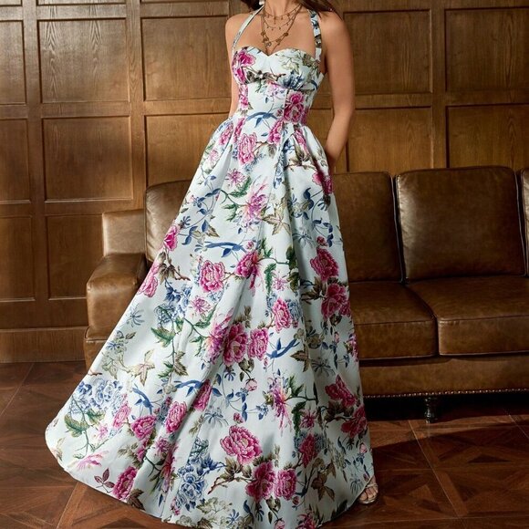 Dresses & Skirts - Baby Blue Elegant Women's Floral Satin Gown